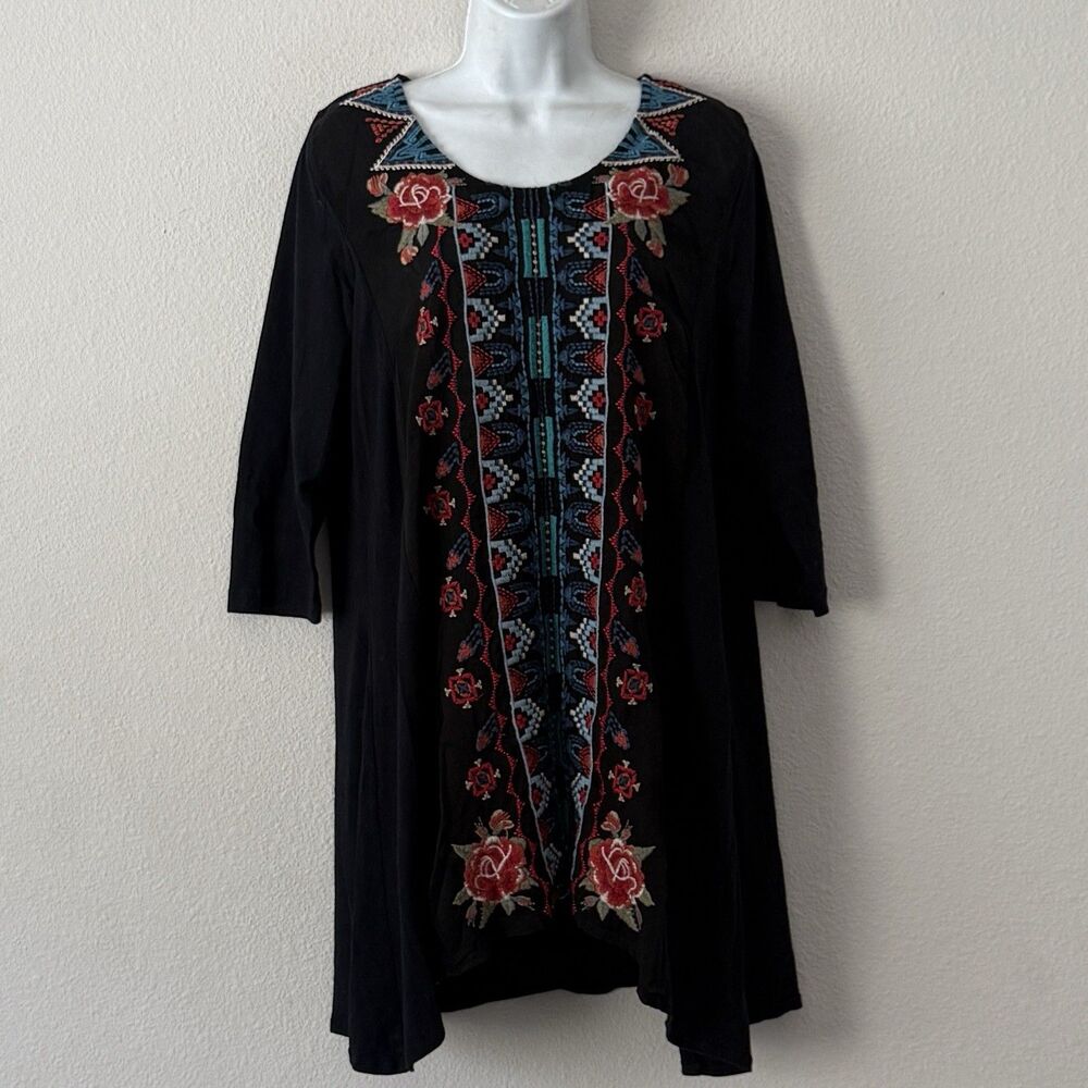 Johnny Was JWLA Boho Embroidered Tunic Top L Black Cotton Floral Peasant Blouse